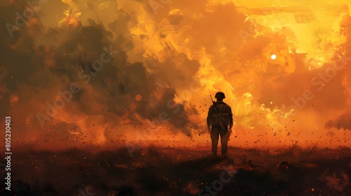 Soldier Standing Alone in Apocalyptic Battlefield with Fiery Sky and Debris © KuroiAme