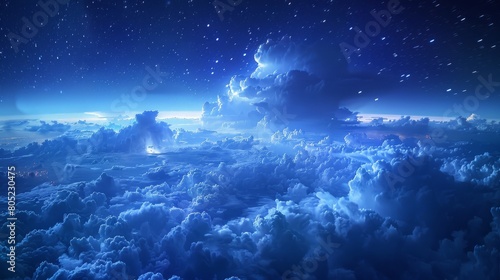 A peaceful scene of gentle lightning amidst a tranquil cloudscape under a clear star-filled sky, evoking a sense of calm within the storm