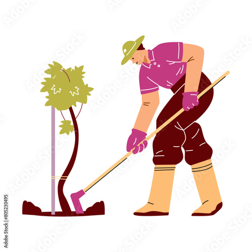 A vineyard worker takes care of the soil. Illustration.