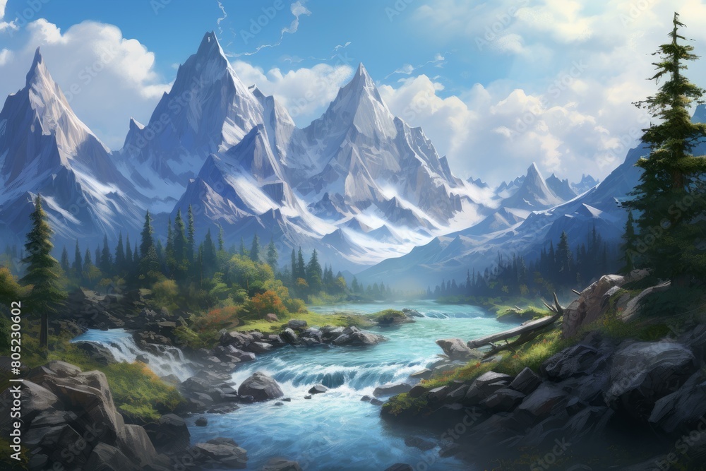 Naklejka premium Verdant River aerial hills view. Sunny vacation. Generate Ai