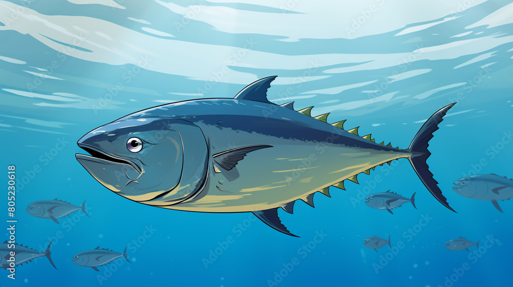 Naklejka premium Within the confines of a minimalist fish tank, a giant tuna fish roamed freely, its movements both majestic and mesmerizing against the understated backdrop.cartoon