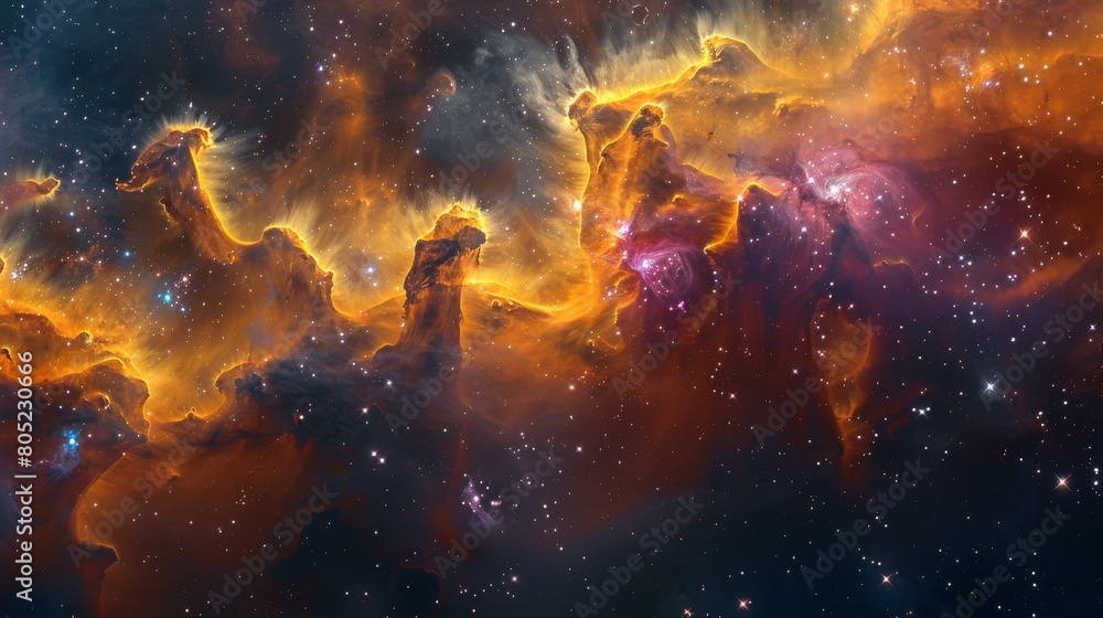 An awe-inspiring view of a star-forming nebula, with clouds of gas and dust billowing amid the cosmic landscape An awe-inspiring view of a star-forming nebula, with clouds of gas and dust billowing amid the cosmic landscape