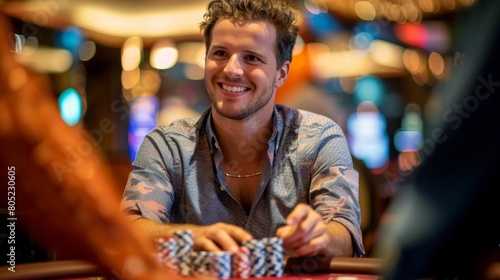 Confident young man engaging in a game of poker at a casino table with chips in hand, reflecting the gambling atmosphere