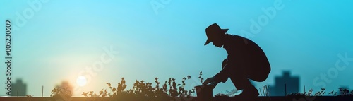 Silhouette of a gardener  tending to rooftop plants  the city skyline blurred in the distance under a clear blue sky  Sharpen closeup highdetail realistic concept good mood tone