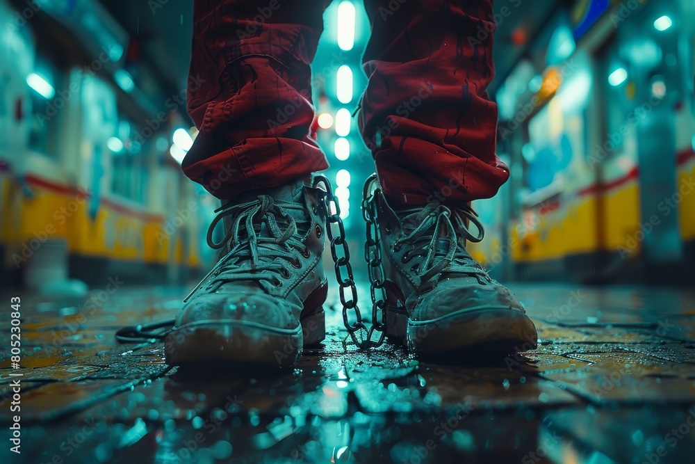 A compelling image capturing feet in sneakers, bound by a chain, reflecting urban struggle and constraints A compelling image capturing feet in sneakers, bound by a chain, reflecting urban struggle and constraints