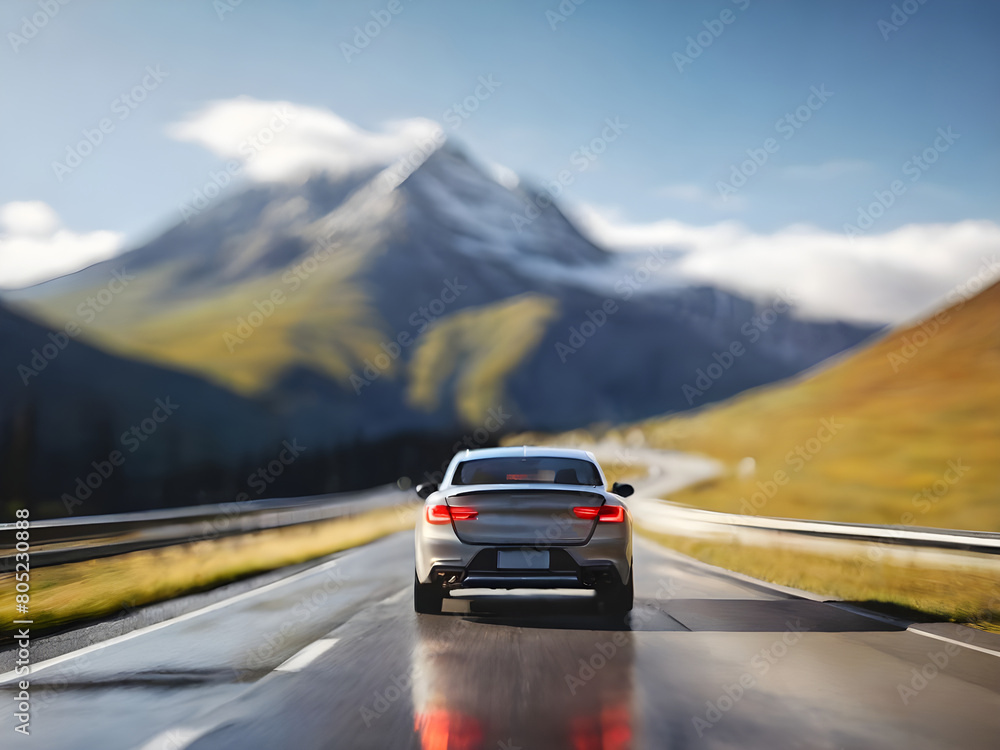 Naklejka premium Blurred car on road in front of mountain