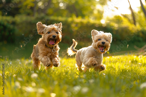 A pair of playful dogs romping through a lush green park, tongues lolling in excitement.