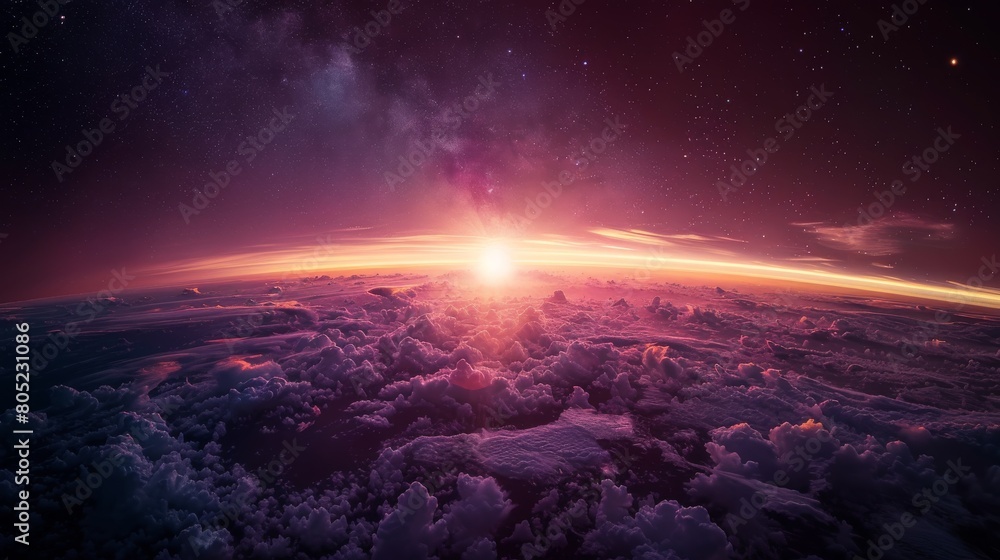 A breathtaking view of sunrise seen from space, with vivid colors and a starry background adds a cosmic feel