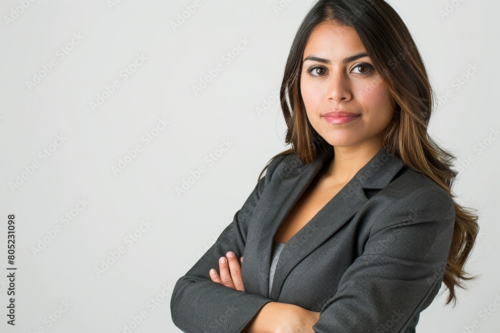 Professional Latina woman posing confidently in a grey business suit Professional Latina woman posing confidently in a grey business suit