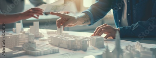 A closeup of two architects studying blueprints on an office table, with one showing the other how to design construction models for new buildings. photo