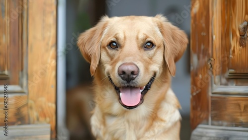 Joyful dog welcoming owner home at door captured on camera. Concept Pets, Homecomings, Joy, Dogs, Photography