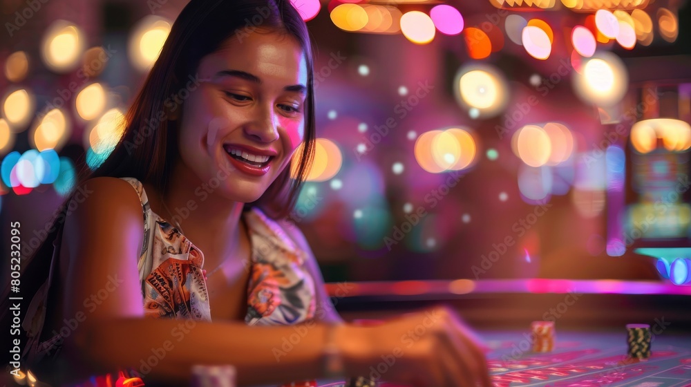 Young attractive woman smiling as she plays games at a casino table, with a blurred festive background Young attractive woman smiling as she plays games at a casino table, with a blurred festive background