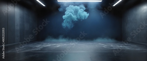 Abstract technology, dark blu empty street, asphalt floor, studio room with smoke floating up the interior texture, transportation background, neon light, spotlight, laser, future digital technology