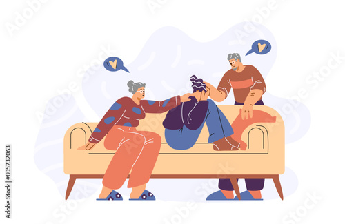 A vector illustration showing a moment of empathy and support for elderly parents to their young daughter
