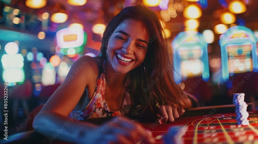 Vibrant young woman grinning while immersed in a casino game, with bright colorful lights behind her Vibrant young woman grinning while immersed in a casino game, with bright colorful lights behind her