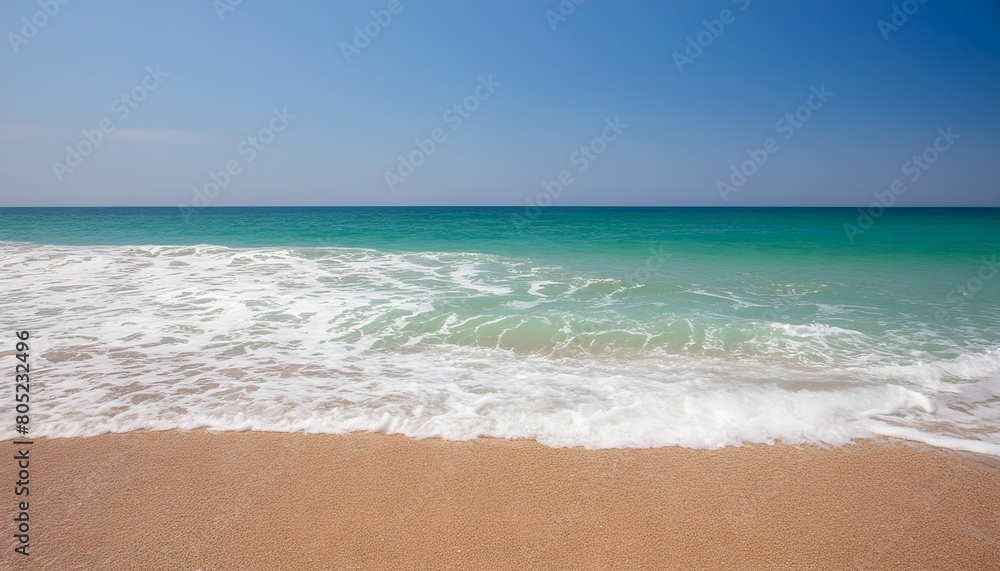 A scenic view of a beautiful, tranquil beach with crystal-clear turquoise water, soft sandy shores, and a captivating gradient sky.