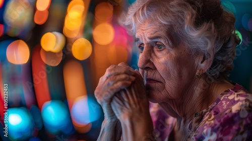 A mature woman appears to be having a night of fun with bright lights in the background indicating a festive mood