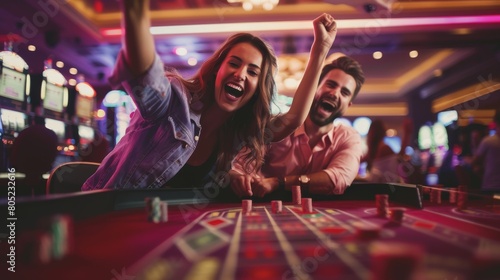 Exuberant couple with arms raised in victory, joyously celebrating a win at a casino table surrounded by others photo