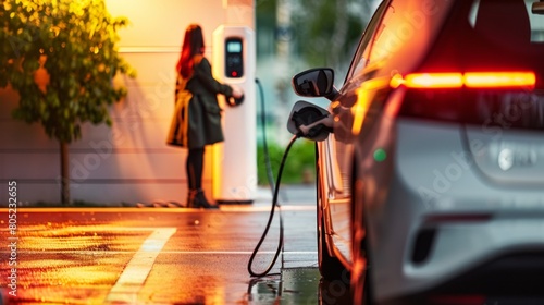 Close-Up of an Electric Vehicle's Charging Point with a Woman's Silhouette Lingering in the Backdrop