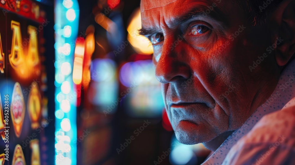 Side view of a woman engaged with a bright casino slots machine, depicting the allure of gambling Side view of a woman engaged with a bright casino slots machine, depicting the allure of gambling