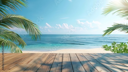 Wooden table overlooking a sea view and beach under the clear blue sky offers an ideal summer retreat  Sharpen 3d rendering background