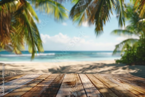 Wooden table with a blur tropical beach in the background creates a serene setting for a summer holiday, Sharpen 3d rendering background