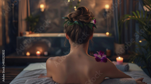 Beautiful young woman with flower relaxing in dark spa