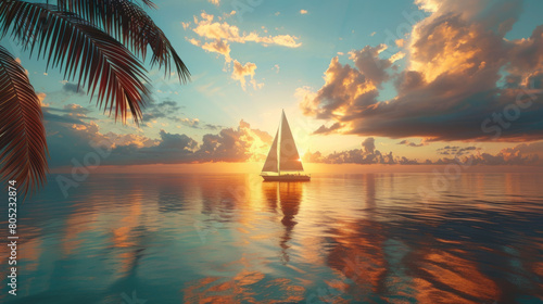Tranquil sailboat on calm lake at sunset with swaying palm trees photo