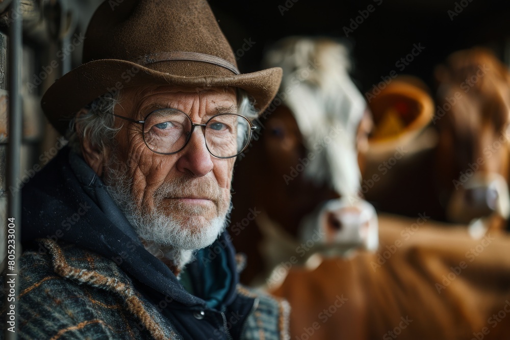 An aged cowboy wearing a hat stands adjacent to cattle inside a stable An aged cowboy wearing a hat stands adjacent to cattle inside a stable