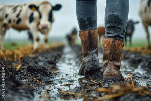 An evocative image capturing muddy boots walking among cows, highlighting the demanding conditions of farm work photo