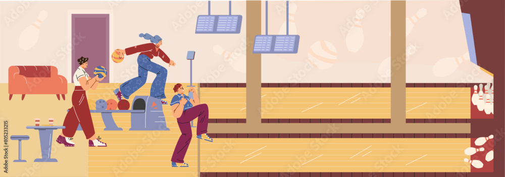 People playing bowling game vector flat illustration, throwing ball on ...