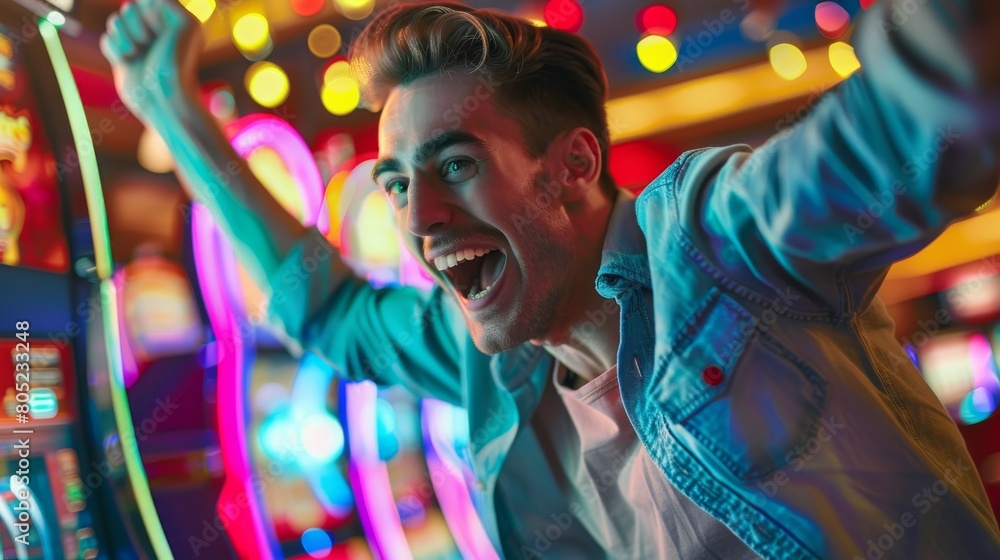 Obraz premium Dynamic image of a person with both arms up, rejoicing a win in a casino, surrounded by gaming lights