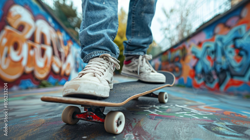 A skateboarder riding their board with a graffiti wall in the background, captured from a low angle view.