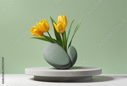 illustration for 3d display podium green background with yellow tulip flower and stone nature blossom minimal pedestal for beauty cosmetic product presentation summer and spring mockup 3d render