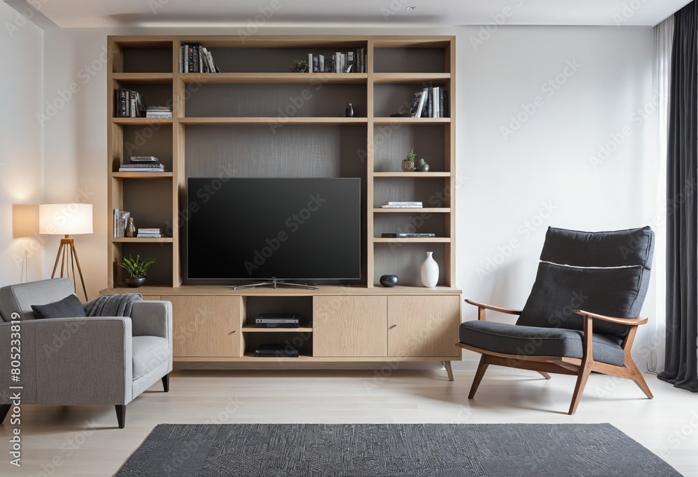 Cabinet for TV on the white wall in living room with armchair,minimal design