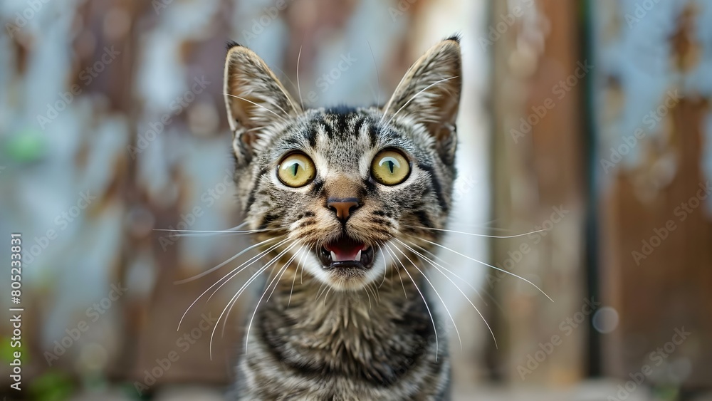 Astonished cat with yellow eyes and open mouth staring at the camera. Concept Animal Photography, Cat Portraits, Facial Expressions, Astonishment, Yellow Eyes