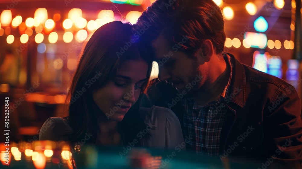 A couple closely embracing in a dimly lit space with neon lights, exuding intimacy and connection A couple closely embracing in a dimly lit space with neon lights, exuding intimacy and connection