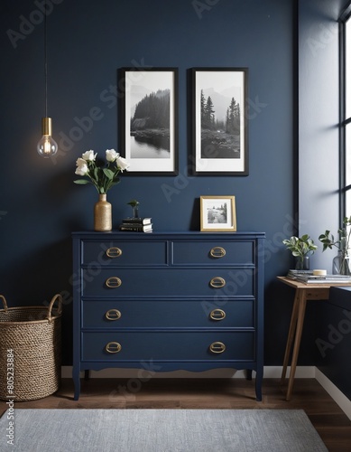 Mock-up frame in dark blue home interior with chest of drawers and decor, 3d render