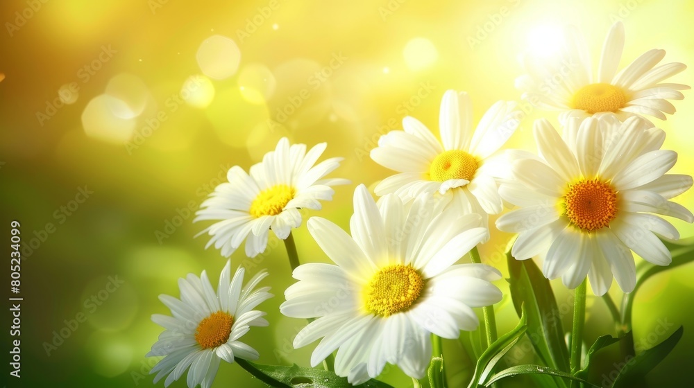 Tranquil and picturesque sunset view of a lush green meadow adorned with beautiful daisies