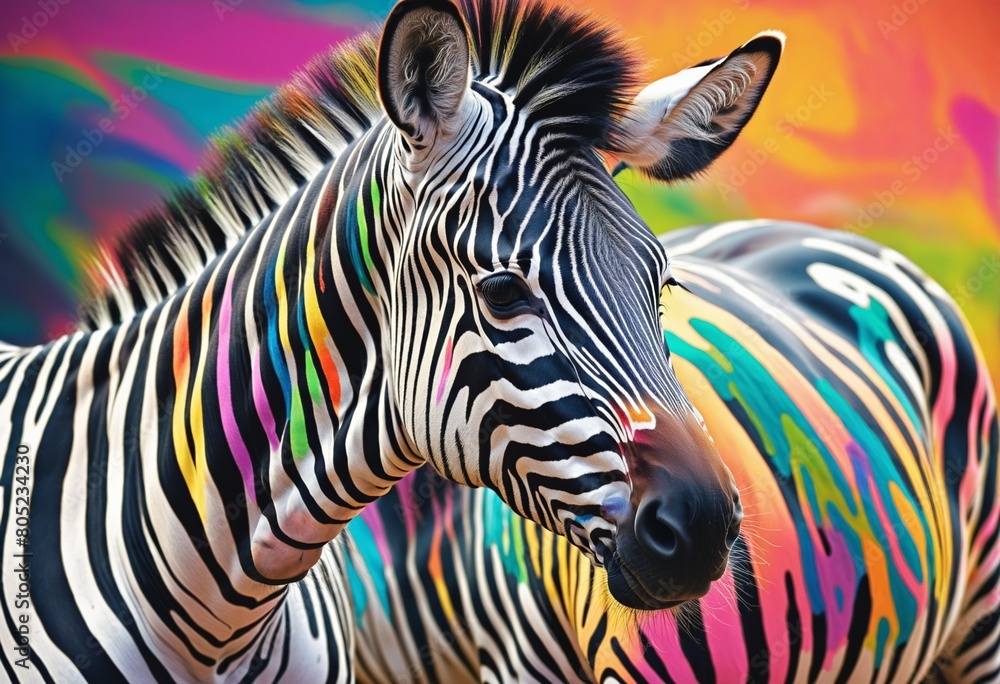 Abstract animal African Zebra portrait with multi colored colorful on skin body and hairs paint, Vibrant bright gradients tone, with