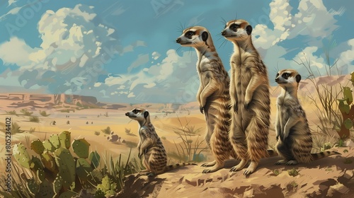 A family of meerkats standing up stone photo