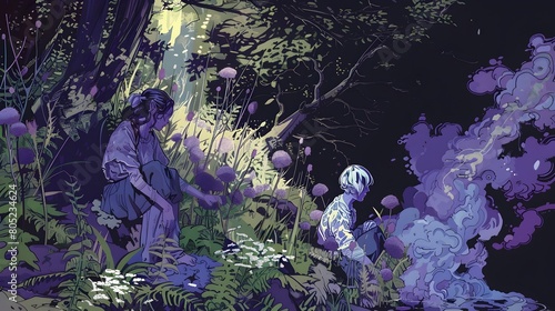 Woodland Spirits Communing in Lavender and Chartreuse Hues photo