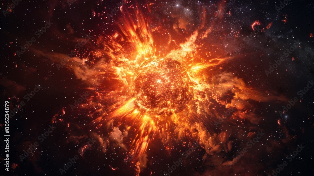 A visually captivating depiction of a sun-like explosion with radiant flames and incandescent energy in space