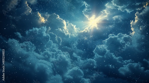 Majestic view of sunbeams piercing through a dense, textured cloudscape creating a breathtaking skyscape © ChaoticMind