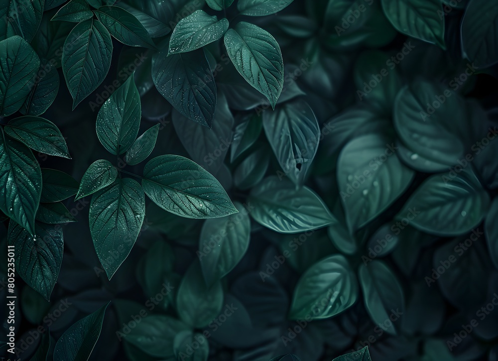 Dark green abstract background with blurred plant leaf texture
