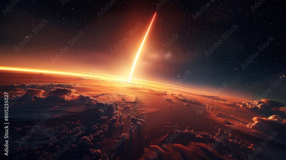 Showcasing a dramatic comet descending into a twilight zone behind icy mountain peaks, it evokes the fleeting moments in life and nature's grandeur Showcasing a dramatic comet descending into a twilight zone behind icy mountain peaks, it evokes the fleeting moments in life and nature's grandeur