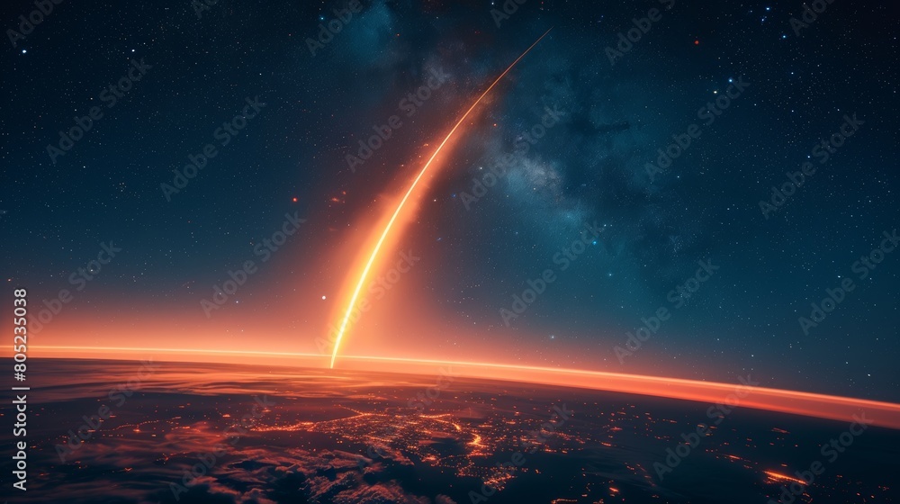 Capturing the breathtaking moment a comet passes over a twilight-lit landscape, this image symbolizes change and the ephemeral beauty of nature Capturing the breathtaking moment a comet passes over a twilight-lit landscape, this image symbolizes change and the ephemeral beauty of nature