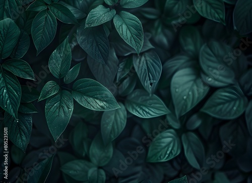 Dark green abstract background with blurred plant leaf texture 