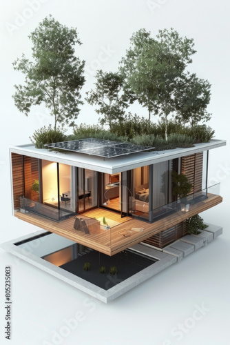 3D model of modern house showcasing solar panels on roof, emphasizing sustainability and modern design.