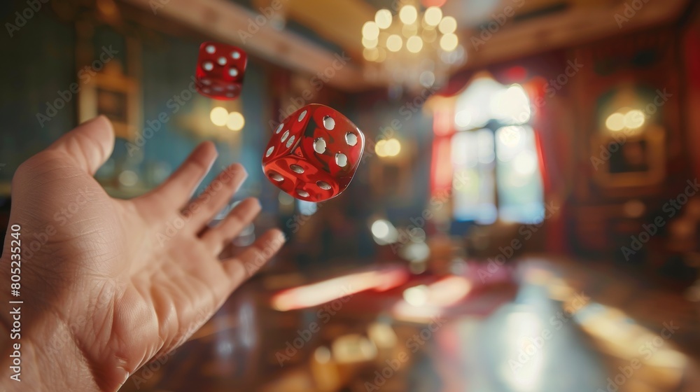 High stakes gambling with a red dice mid-air, thrown by a hand in a lavish casino interior, capturing the moment of chance High stakes gambling with a red dice mid-air, thrown by a hand in a lavish casino interior, capturing the moment of chance